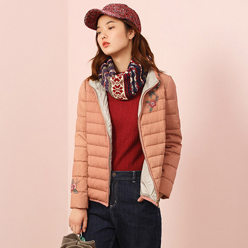 渔牌白鸭绒刺绣高领半高鸭绒时尚立领羽绒服新款羽绒服