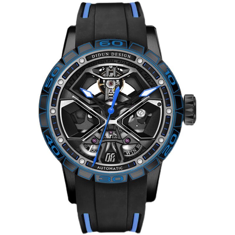 迪顿正品自动机械手表男时尚潮流不锈钢圆形夜光防水镂空机械手表