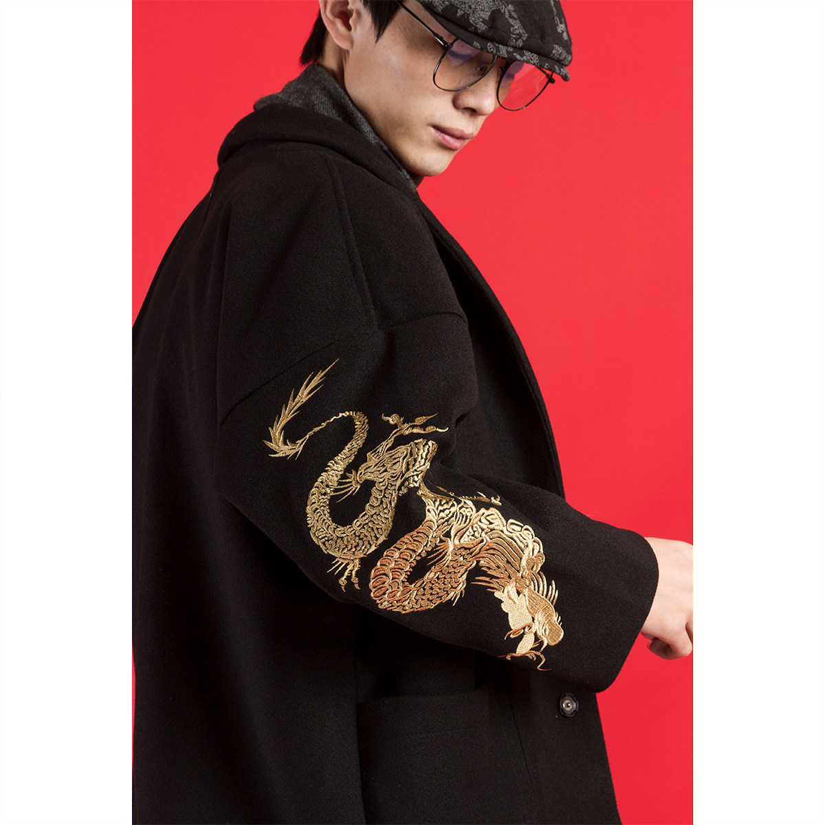 原尉中国风龙纹刺绣毛呢大衣秋冬复古中式刺绣外套宽松国潮夹克衫