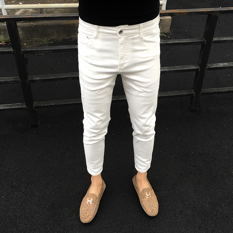 白色夏季薄高端韩版潮流牛仔裤男弹力修身小脚九分裤百搭潮牌痞帅