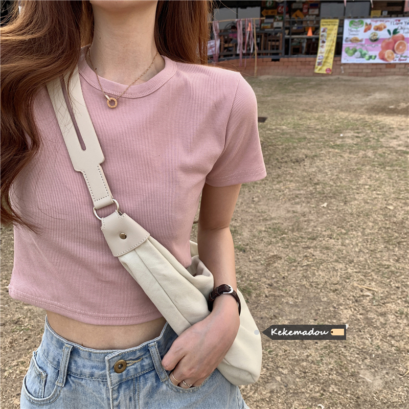 纯棉短袖t恤女ins潮2022年新款打底衫显瘦螺纹短款半袖露脐上衣女