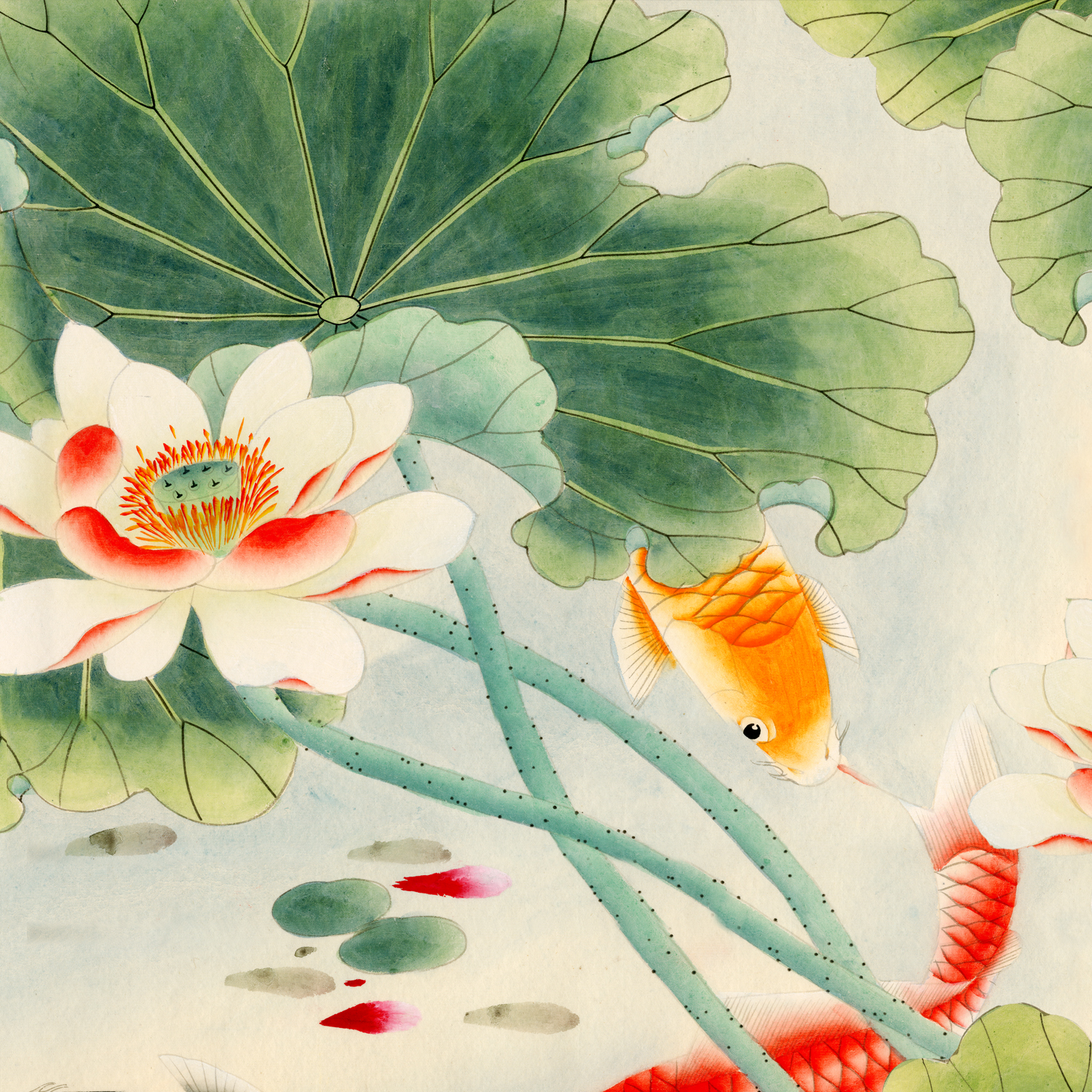 国画荷花荷塘清趣连年有余工笔九鱼艺术微喷国画