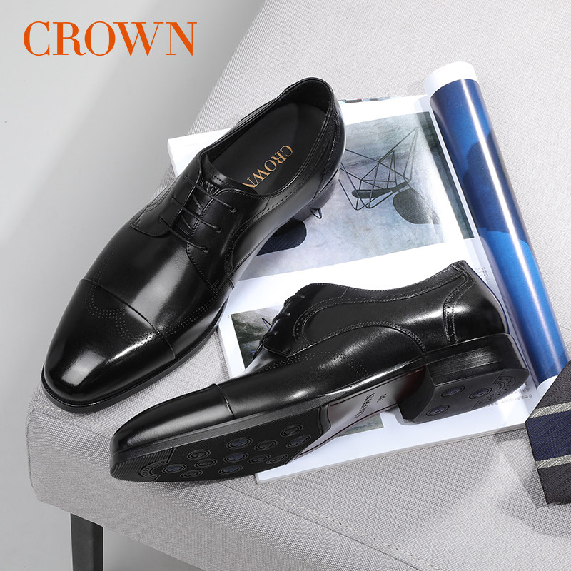 crown皇冠三接头皮鞋男士黑色商务正装真皮男鞋子新郎结婚德比鞋