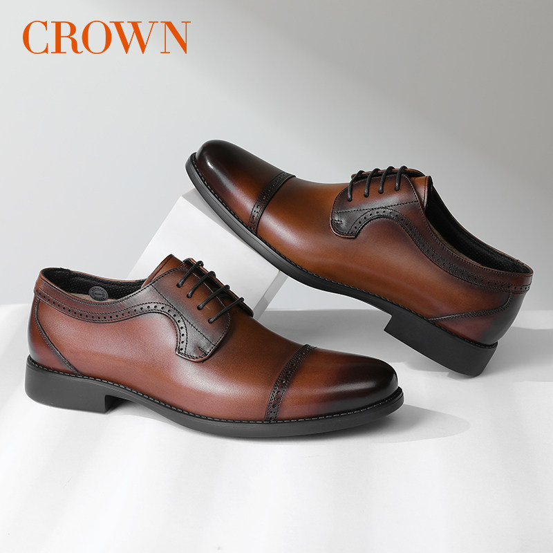 crown皇冠冬季皮鞋男商务正装手工擦色三接头德比鞋伴郎新郎婚鞋