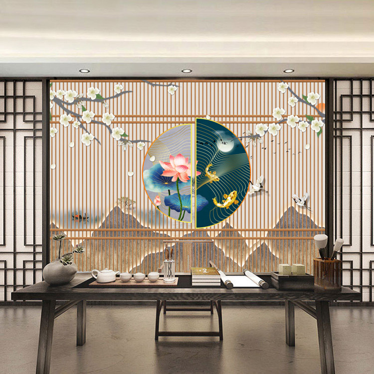 新中式装饰无缝茶楼壁画花鸟书房壁纸汉服古风定制壁画