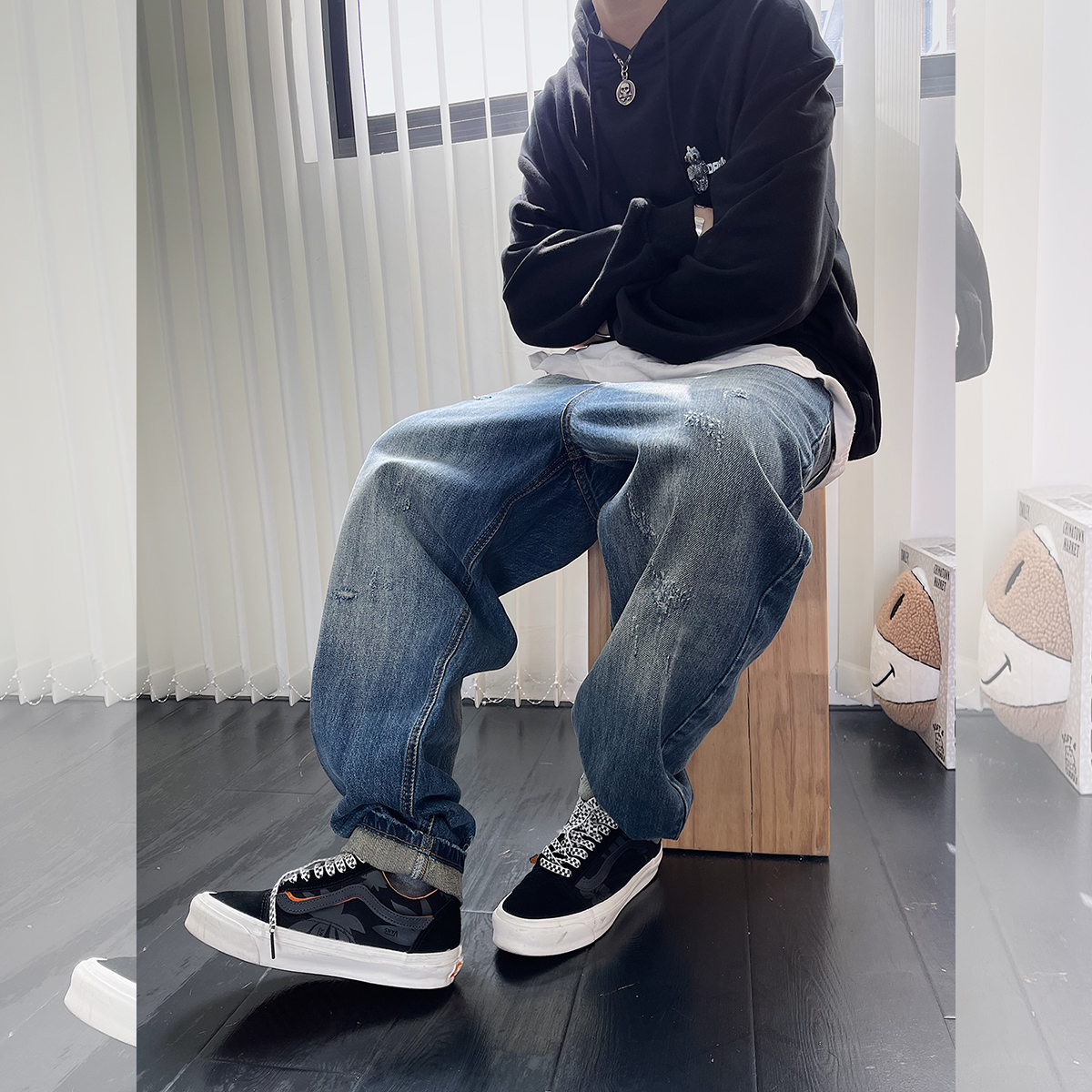 REKNAT基础款百搭四季款牛仔裤男日系复古水洗猫须爪狠小脚哈伦裤