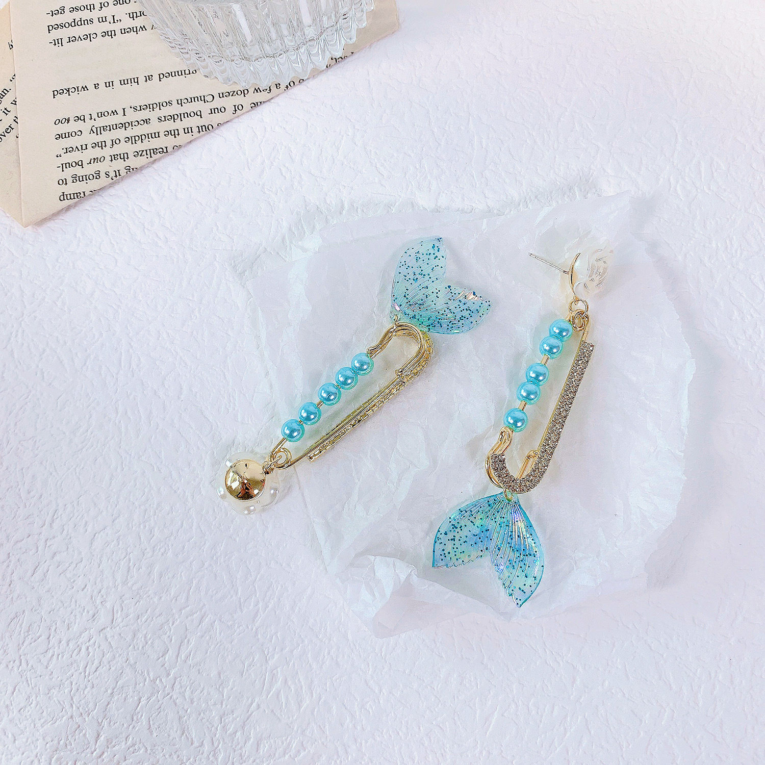 偏光蓝鱼鱼尾珍珠珍珠美人美人鱼尾巴别针耳钉月光耳环