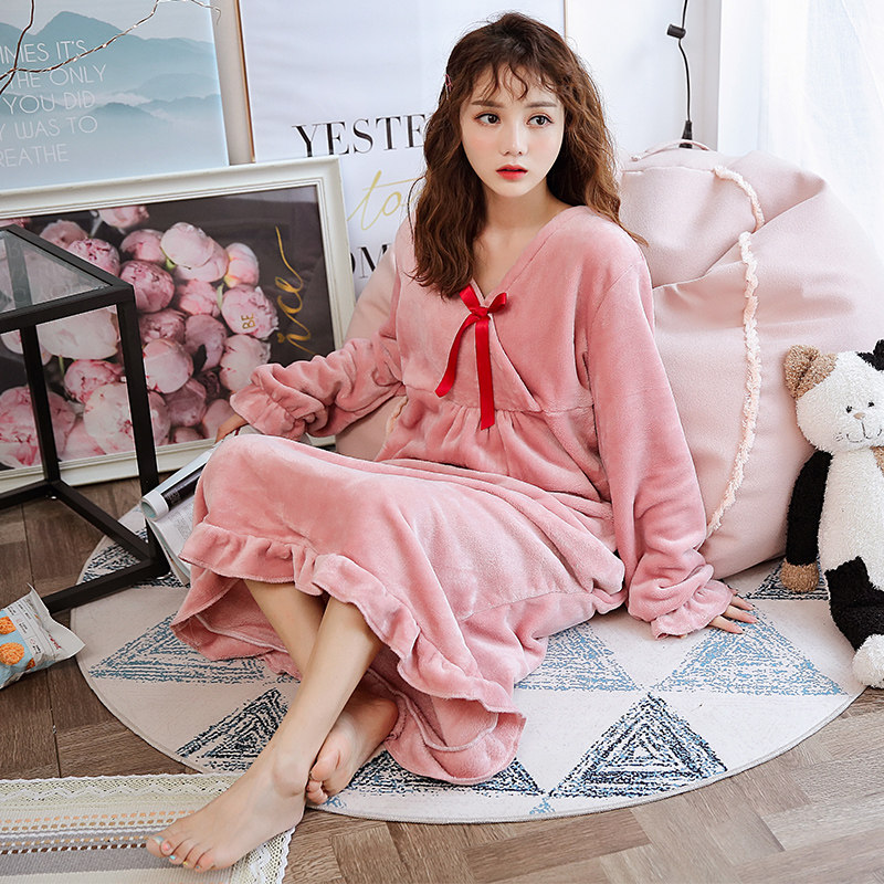 冬天珊瑚瑚绒睡衣女士秋冬季长袖睡裙中长可爱睡裙