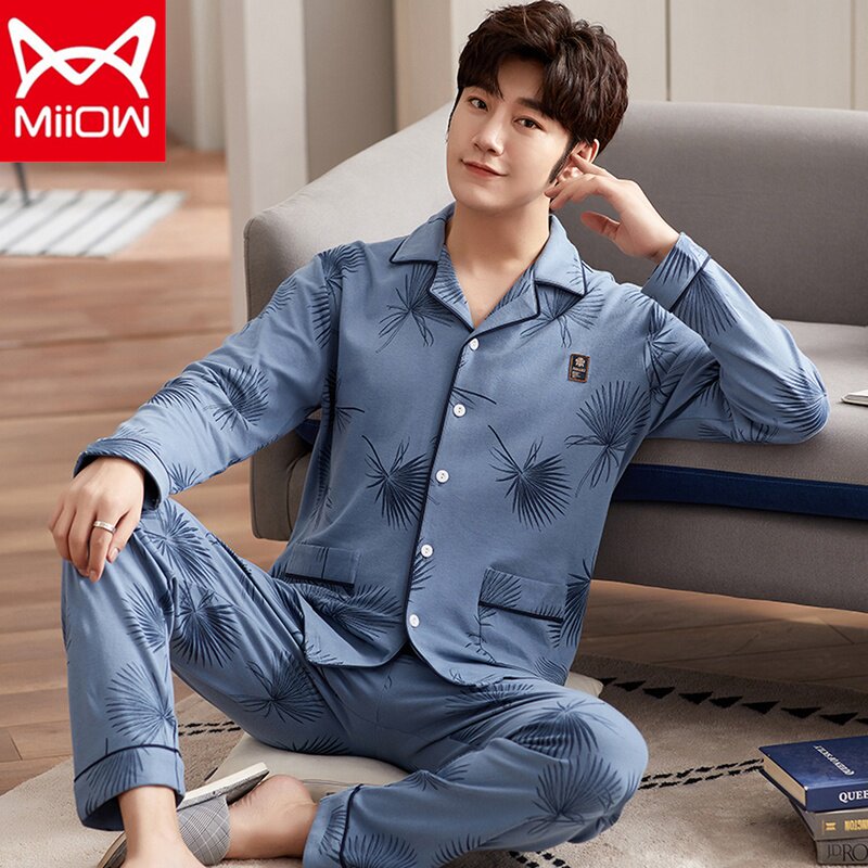 猫人男士睡衣秋冬季纯棉长袖开衫大码春秋全棉睡衣