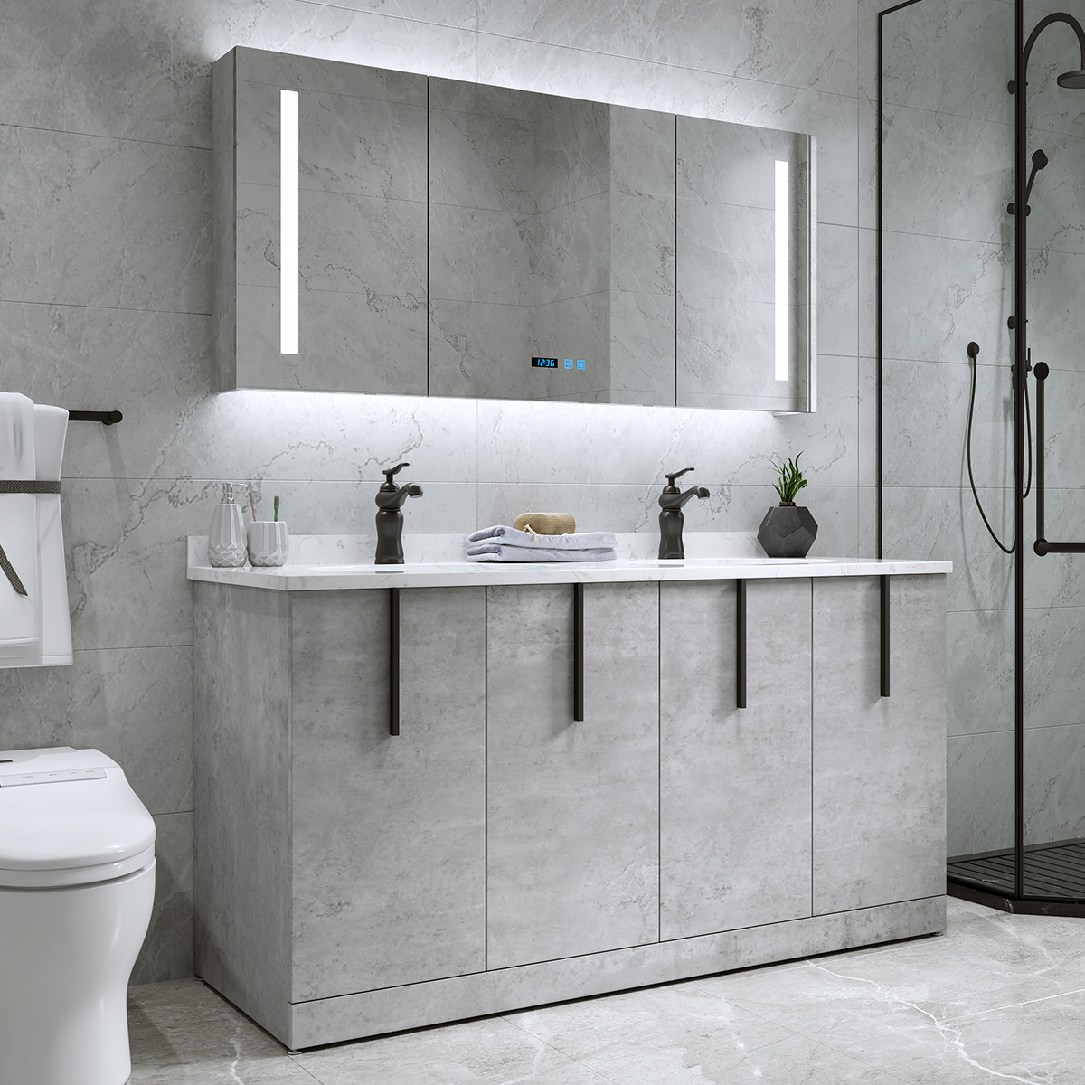 岩板轻奢双盆现代简约浴室柜组合落地式洗脸洗手洗漱浴室柜组合