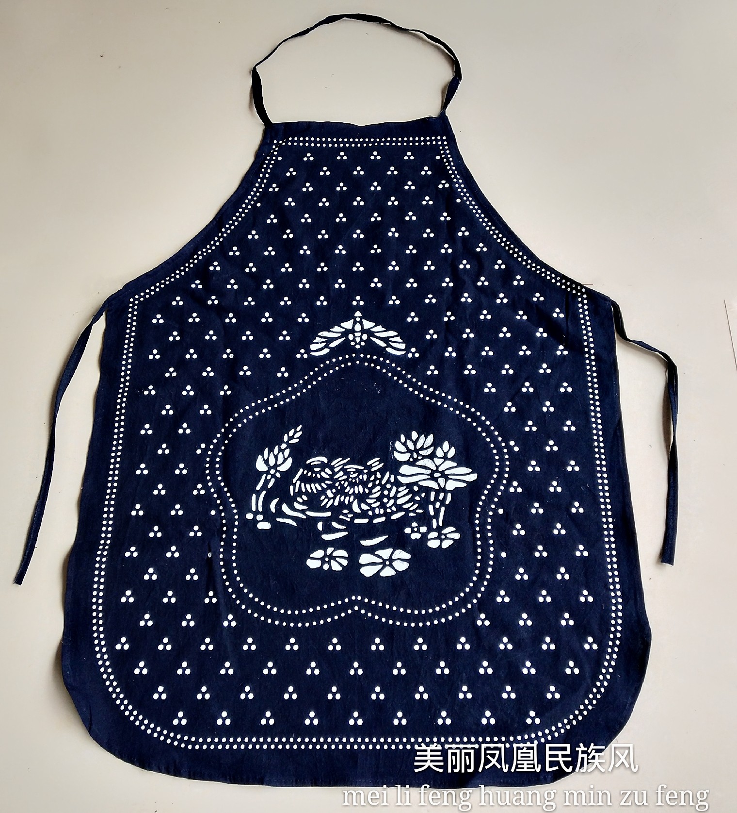 蓝色蜡染民族餐厅围裙纯棉手工布料印花鸳鸯围裙