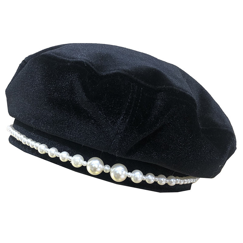 韩国丝绒保暖珍珠贝雷帽子女平顶黑色秋冬冬日帽子