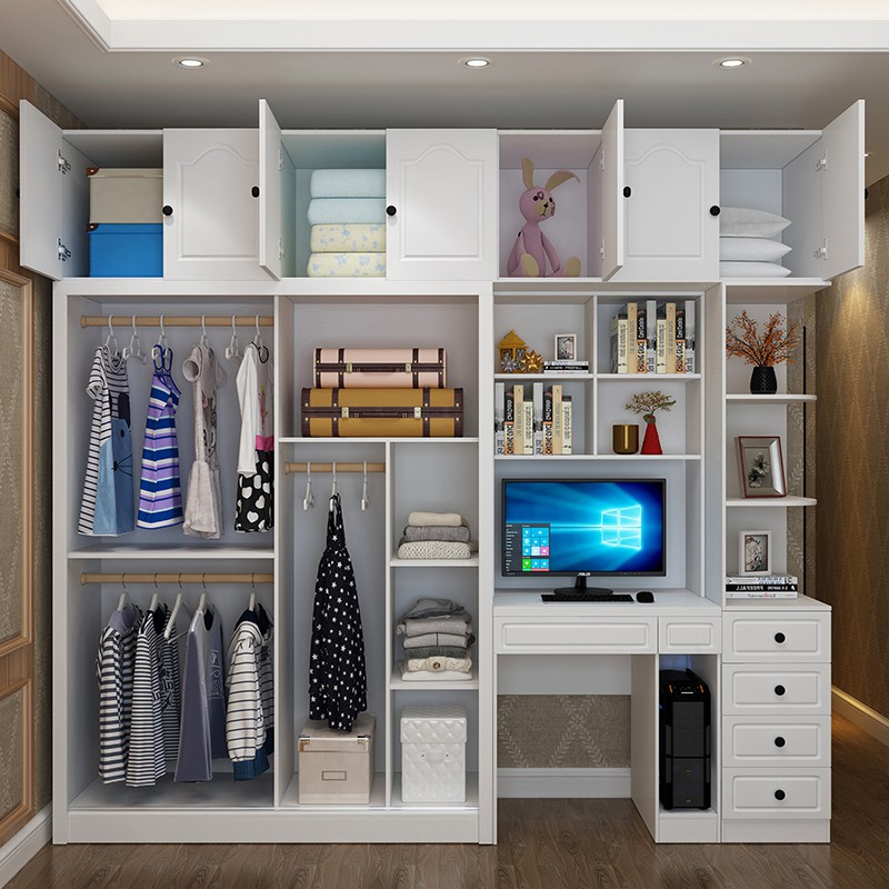 推拉门衣柜带电电脑桌书柜书架一体组合柜移门衣橱连体书桌柜