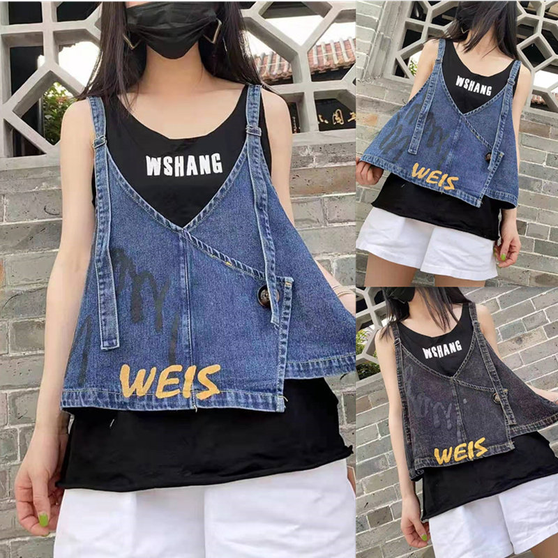 小马印花吊带短款百搭大码宽松牛仔字母夹背马夹