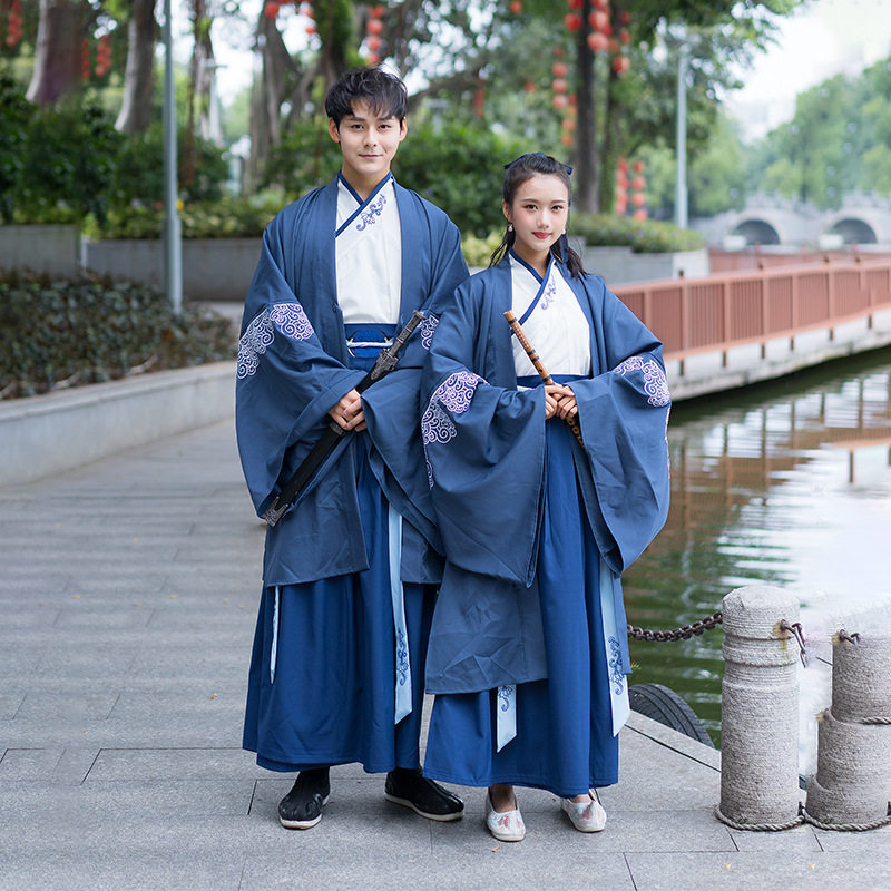 中国国风原创藏蓝魏晋古风宽袍大袖汉服男女汉服