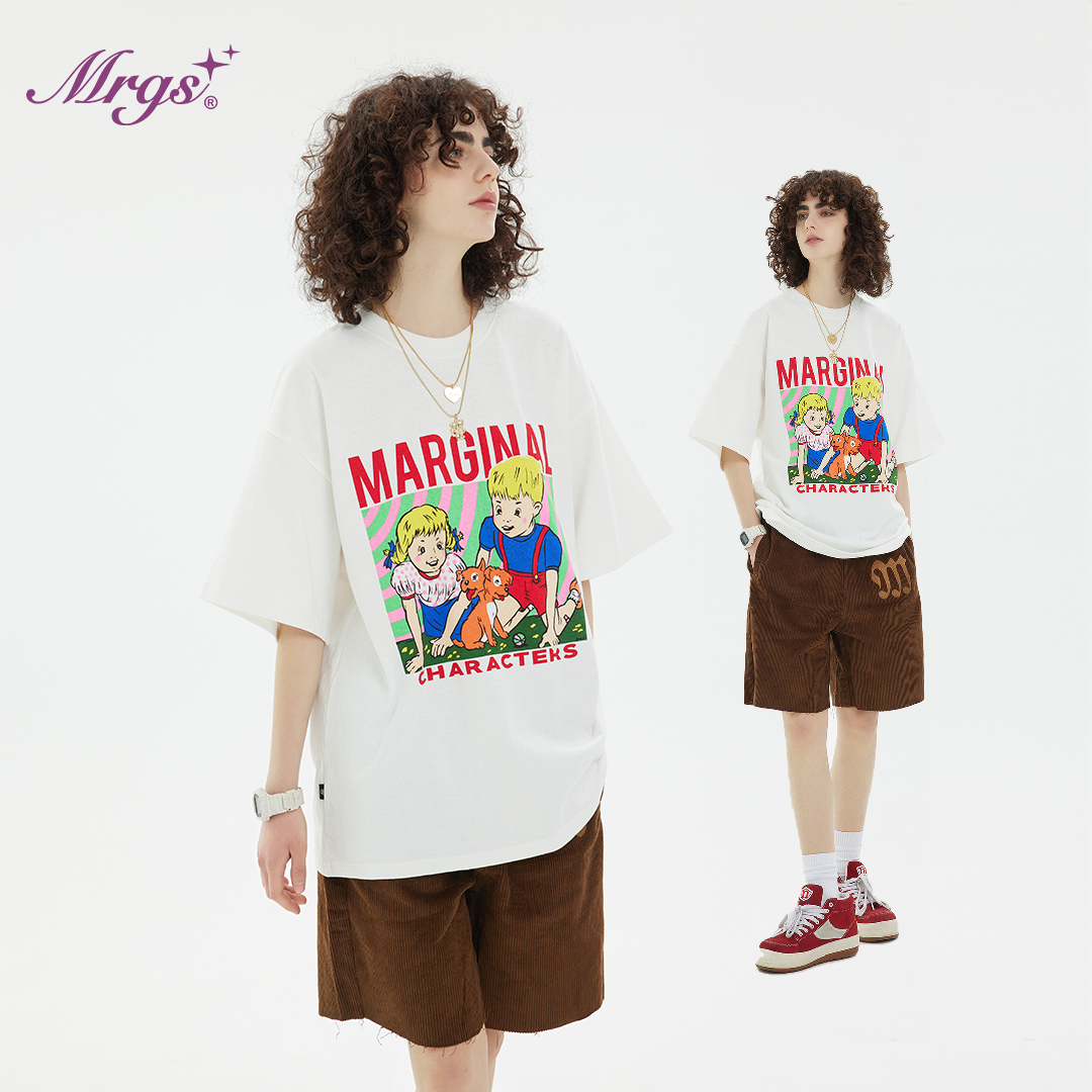 MRGS 美式复古街头刘也杨润泽明星男女同款恶搞卡通印花宽松T恤