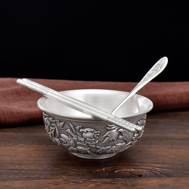 银器时代纯银碗足食用家用双层隔热缓烫中式碗