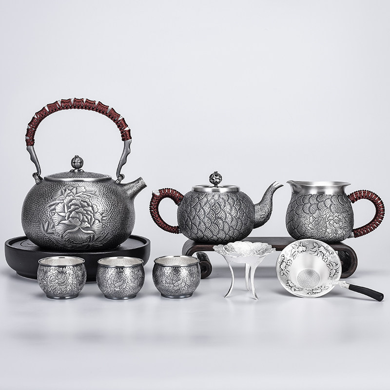 牡丹纯银茶具套装家用银壶纯银999功夫茶道客厅烧水泡茶整套茶具