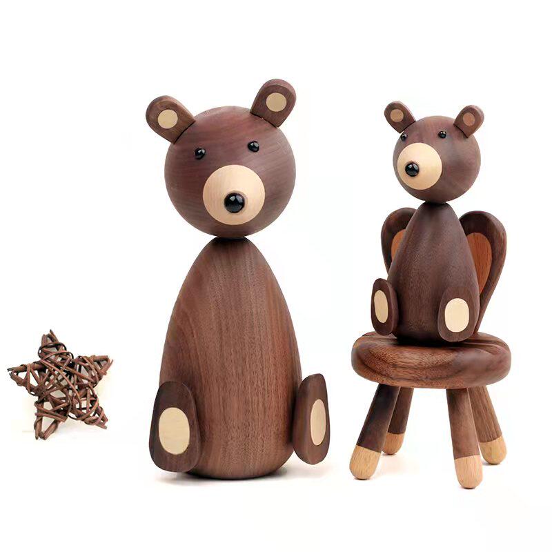 小熊北欧胡桃木摆件卧室卡通儿童木偶家居手工摆件