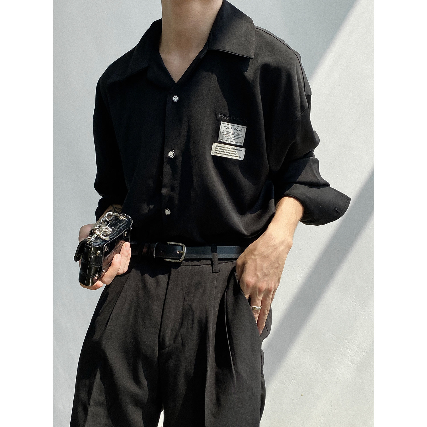 genesisboy2020秋季绸缎面料奢侈古巴领垂长袖衬衫衬衫