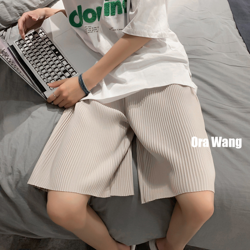 韩国ins垂感褶皱休闲短裤宽松透气阔腿男学生透气五分裤潮流中裤