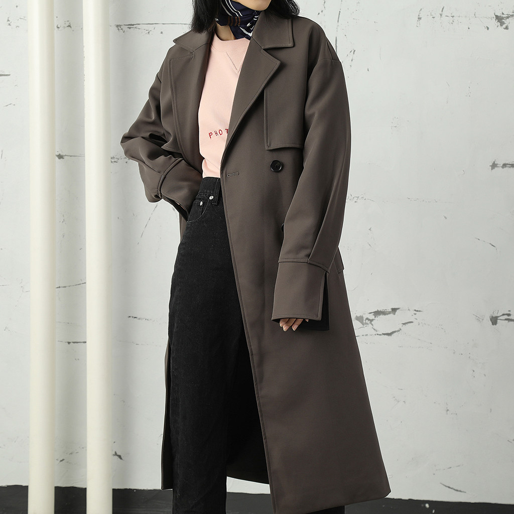 琢磨清仓春装新款过膝双排休闲加厚焦糖色风衣风衣