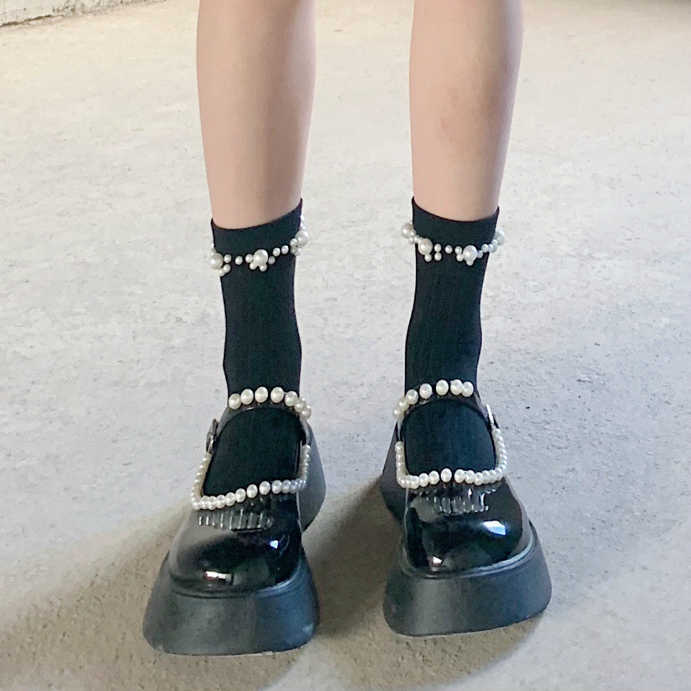 aytofilms重工钉珠珍珠小腿网红暗黑风黑短袜