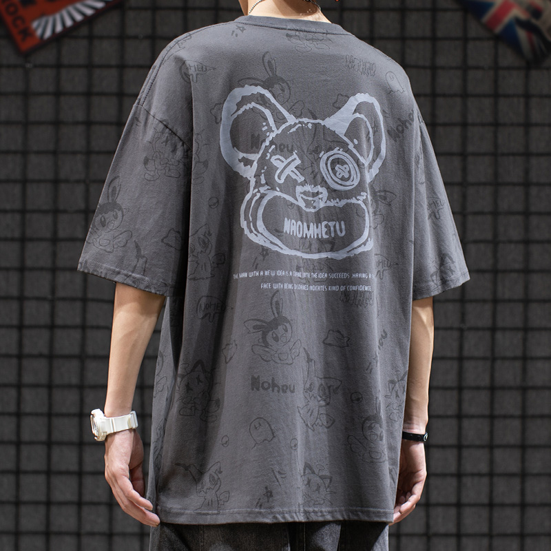 美式街头t恤男潮流原宿慵懒风嘻哈宽松情侣夏装小熊短袖纯棉半袖