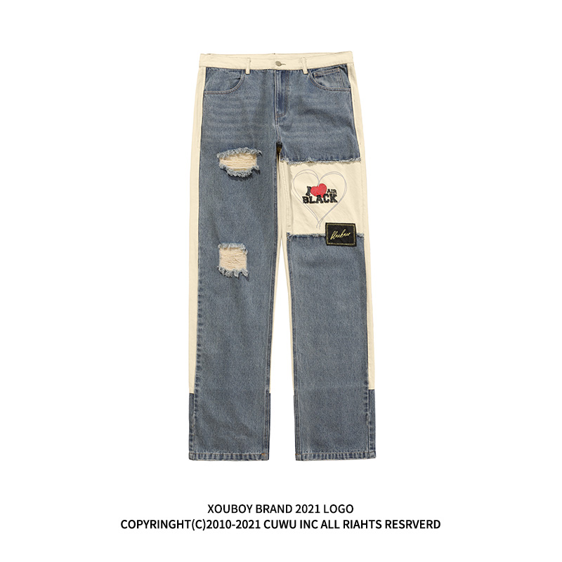 美式oldschool破铜拼接牛仔裤男ins街头嘻哈hiphop炸街直筒长裤子