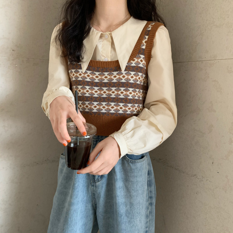 吊带马甲毛衣格子菱格上衣背心chic短款复古马夹