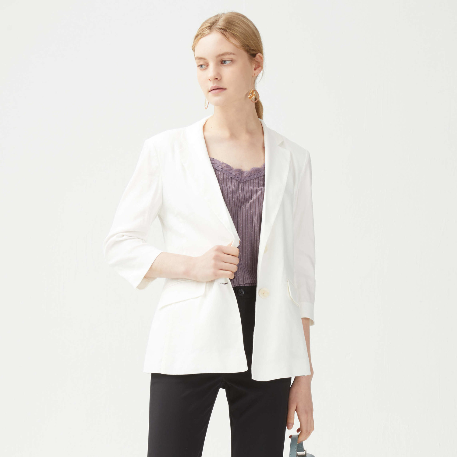 玖姿夏季清仓亚麻混纺平驳翻领西装外套西装