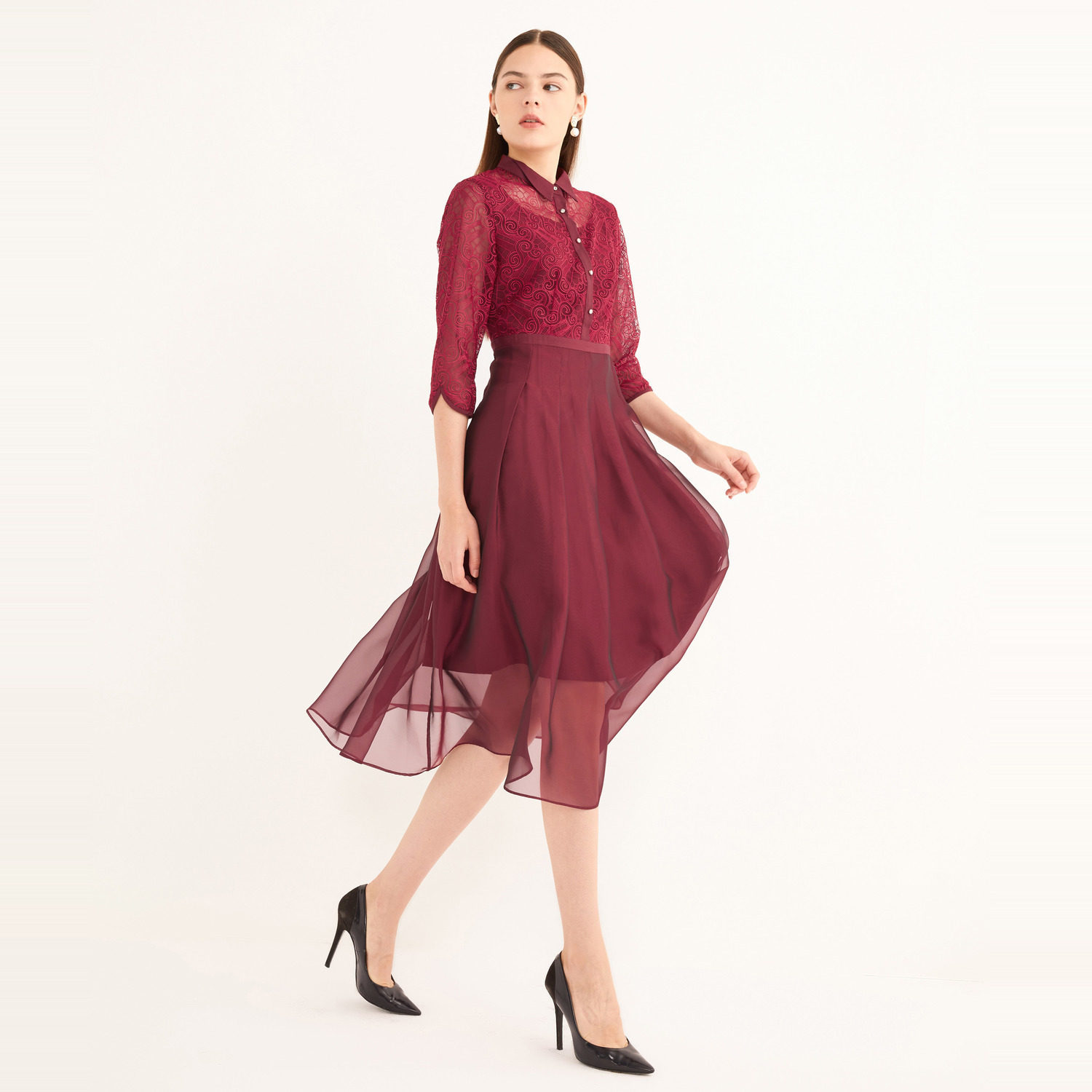 juzui玖姿冬装红色优雅蕾丝收腰雪纺连衣裙连衣裙