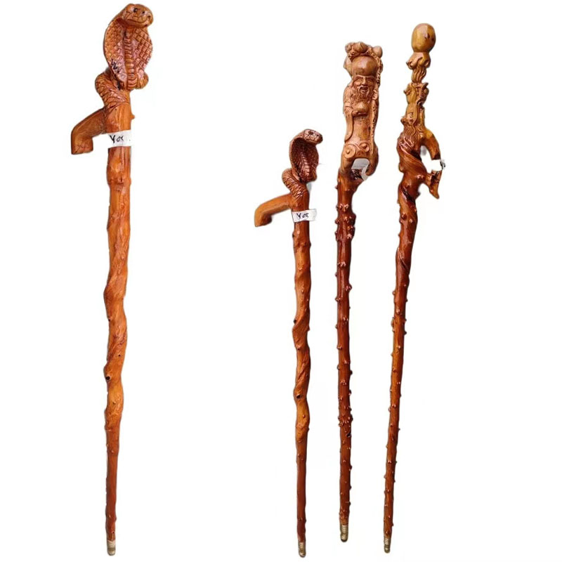 贵州原木根雕十二生肖拐棍手把老人木质拐杖红木木雕