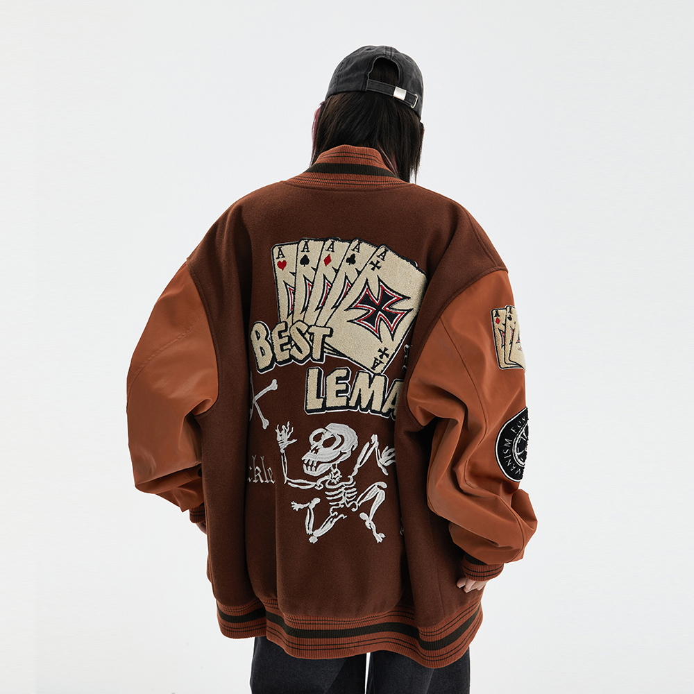 Lemanism棕咖色棒球服外套男2022新款刺绣飞行夹克情侣同款潮春秋