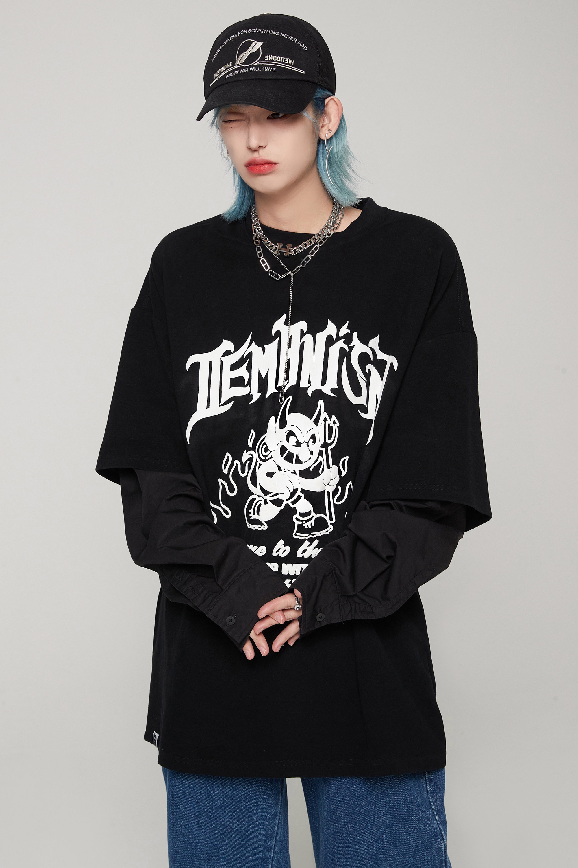 leman金俊黑色长袖恤男2021新款男装潮牌印花t恤