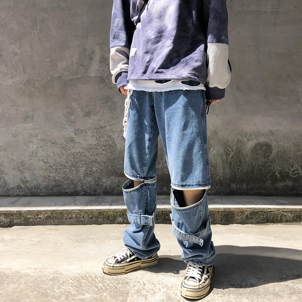 leman金俊牛仔裤男宽松潮牌高街破洞水洗复古直筒裤ins嘻哈潮裤