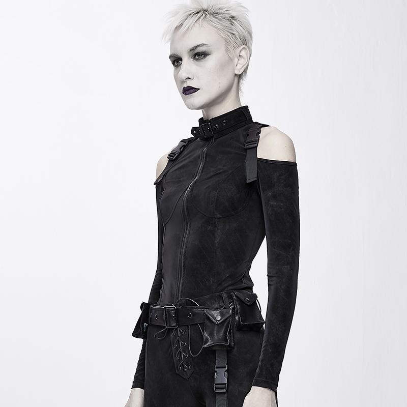 钢铁老爷朋克2020新款上衣露肩修身黑色欧美风个性t恤