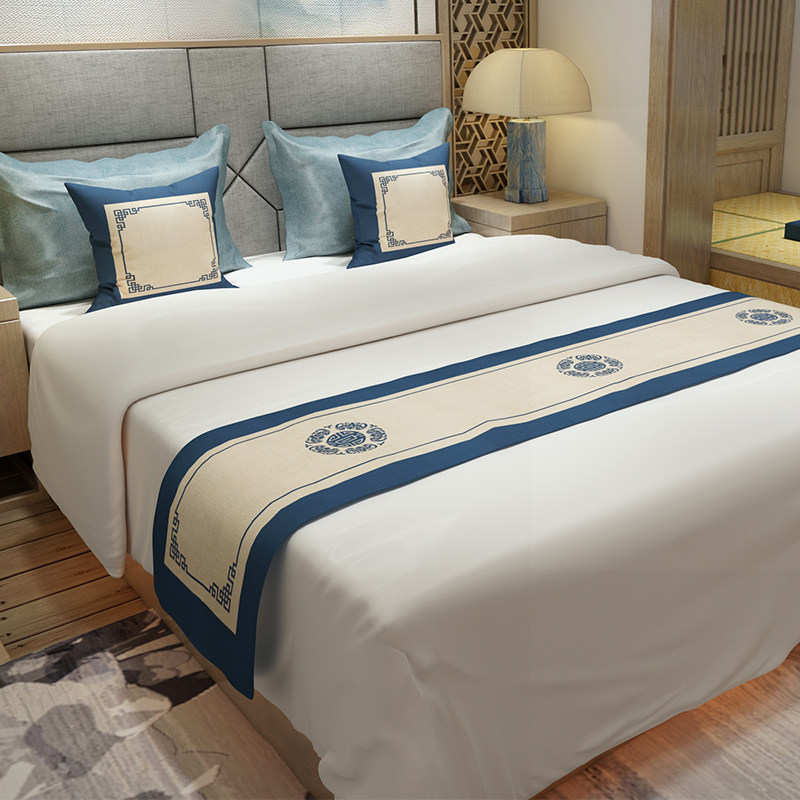 新中式民宿床尾旗禅意家用棉麻布艺床旗酒店床尾巾长条床尾毯定制