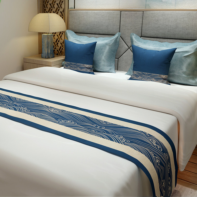 新中式民宿床尾旗禅意家用棉麻布艺床旗酒店床尾巾长条床尾毯定制