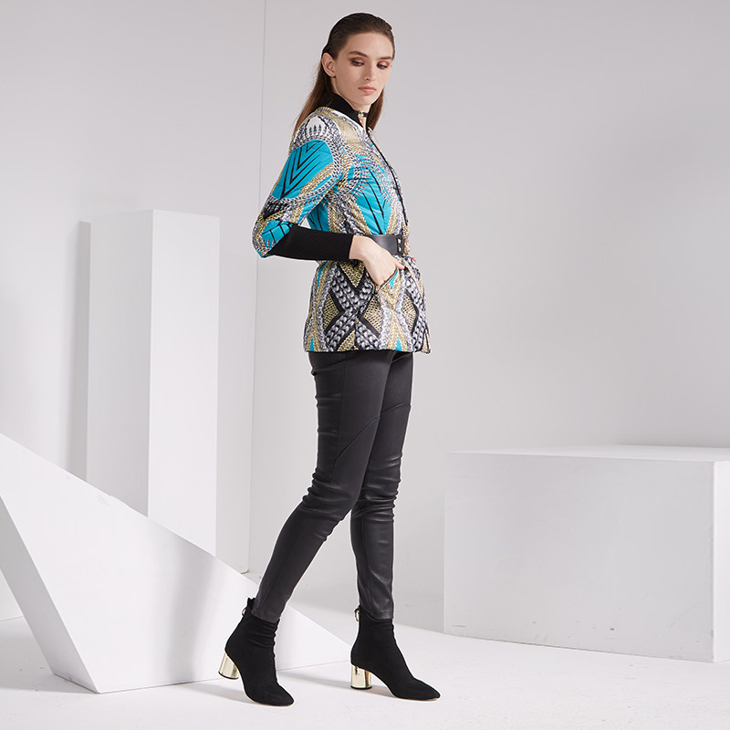 kodice秋冬新品摩登印花腰带修身白鹅绒羽绒服