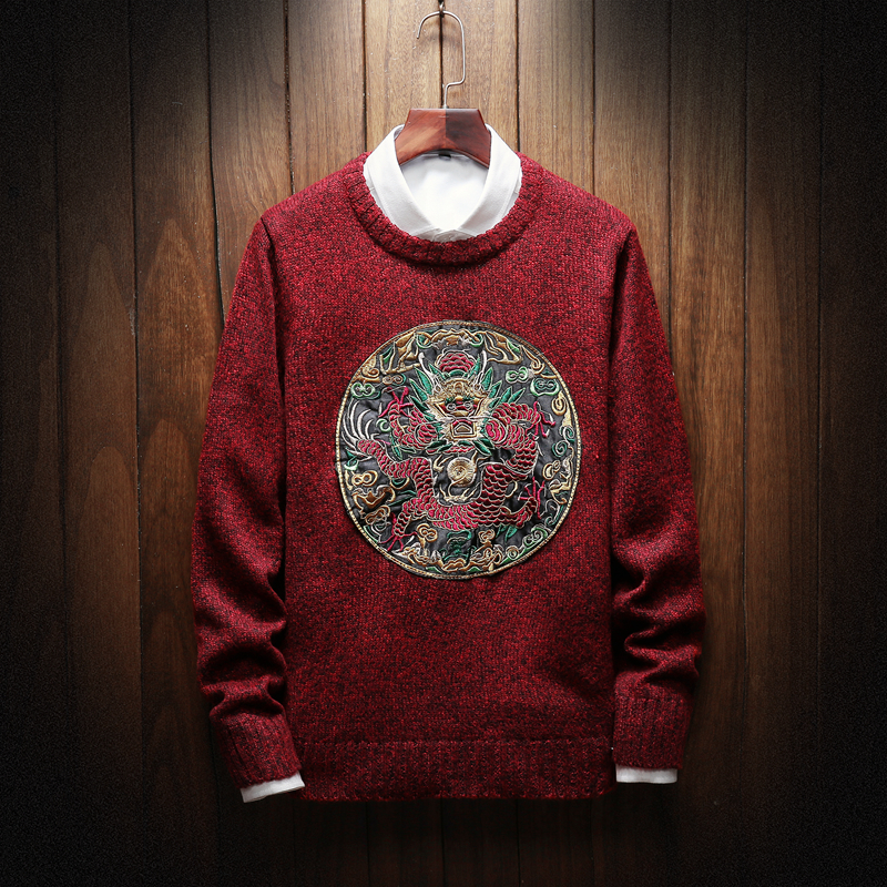 男士冬季中国风线衣刺绣毛衣龙袍大码针织衫男外套潮流套头打底衫