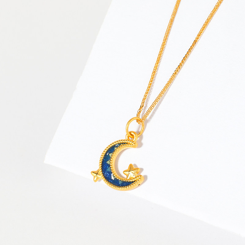 黄金星月吊坠3d硬金珐琅浪漫月亮小星星挂坠颈饰