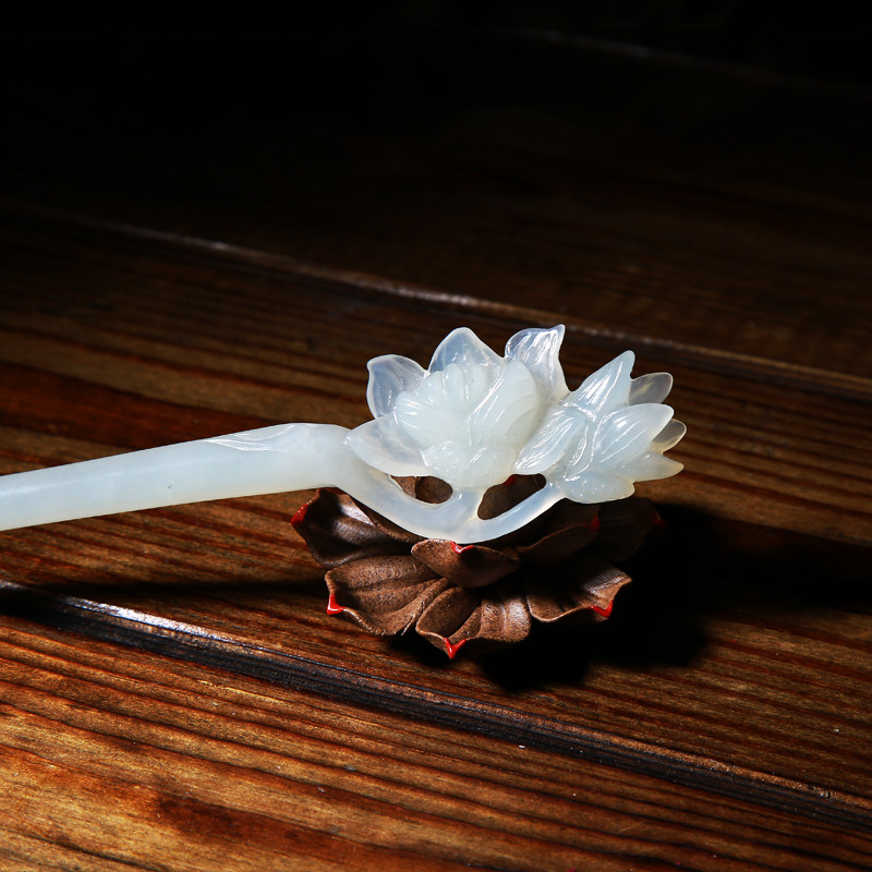 玉簪发簪天然玉石汉服头饰岫玉莲花型手工精雕发饰