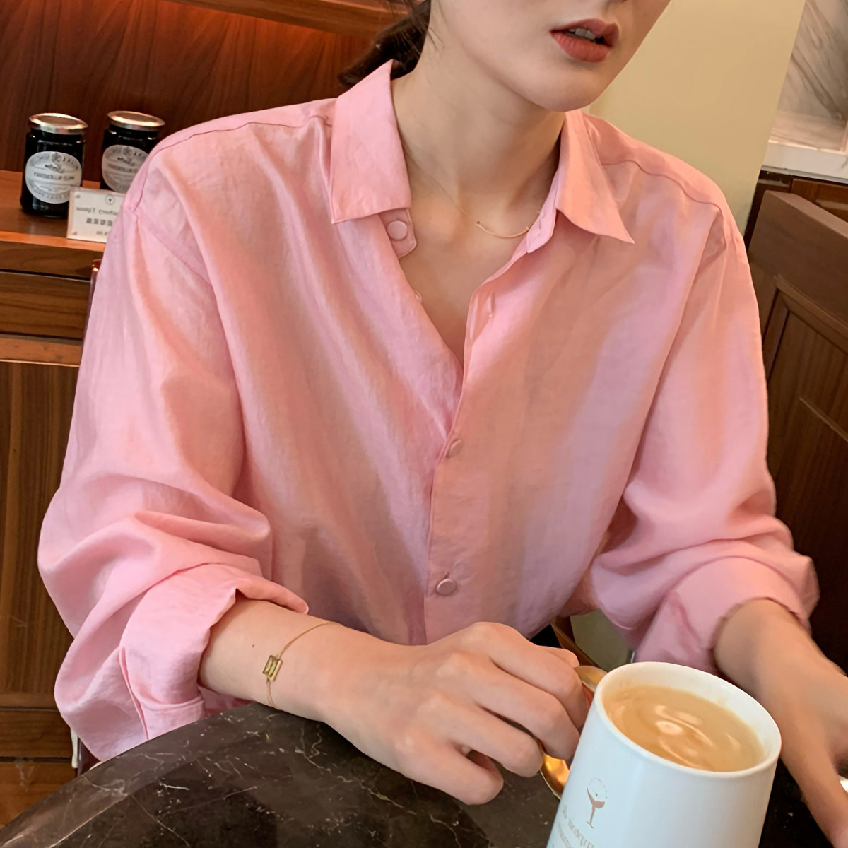 韩国东大门初秋新款女装宽松翻领长袖粉色衬衣衬衫
