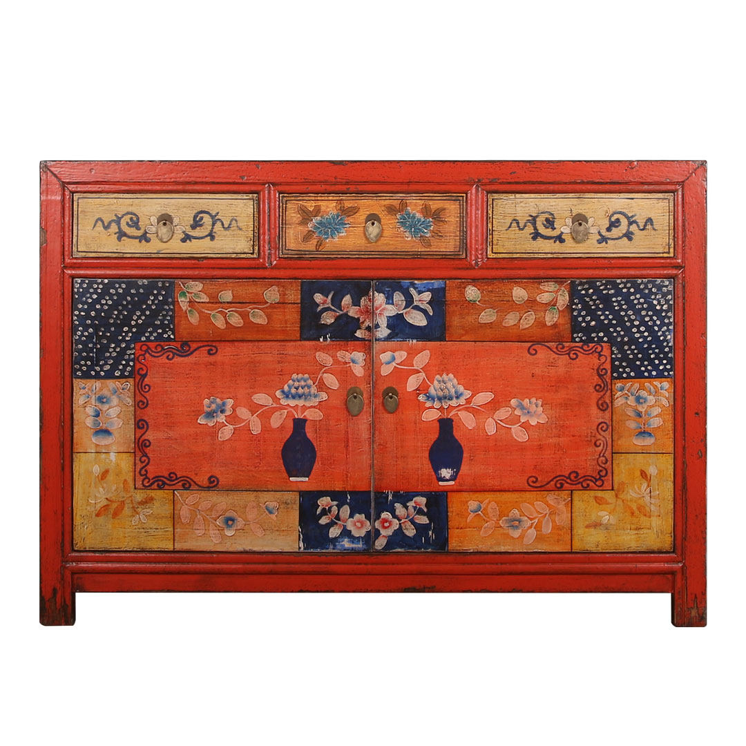 中式彩漆鞋柜做旧二门实木家具三屉手绘玄关复古门厅