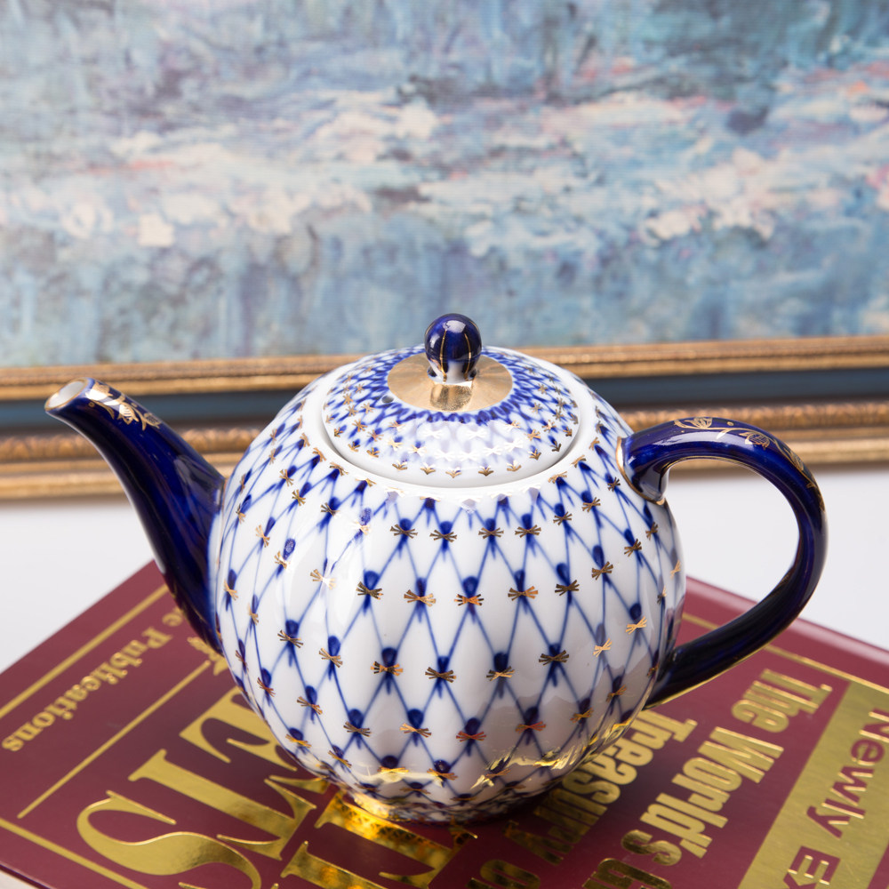 陶瓷茶壶俄罗斯皇家瓷器lomonosov经典手工钴蓝网纹茶壶