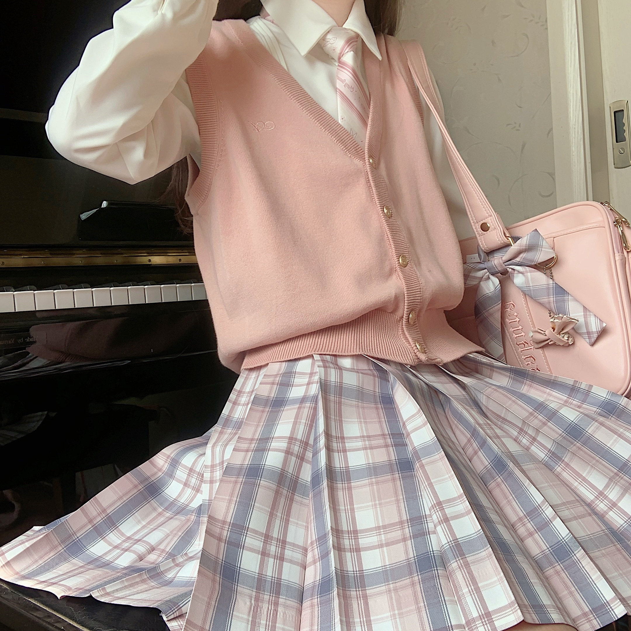 jk半身裙校制服格裙原创温眠正版猫萌掉落半身裙