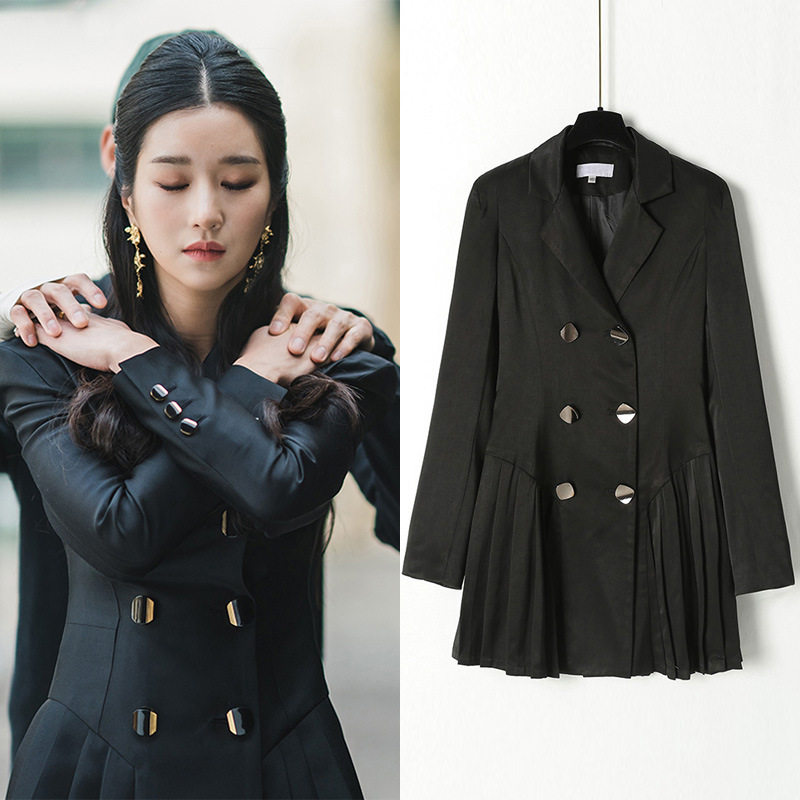 虽然精神没关系徐睿知同款衣服双排黑色西装显瘦西装