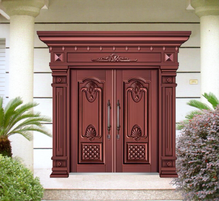 农村庭院别墅大门对开门锌合金入户阳台玻璃防盗门不锈钢仿真铜门