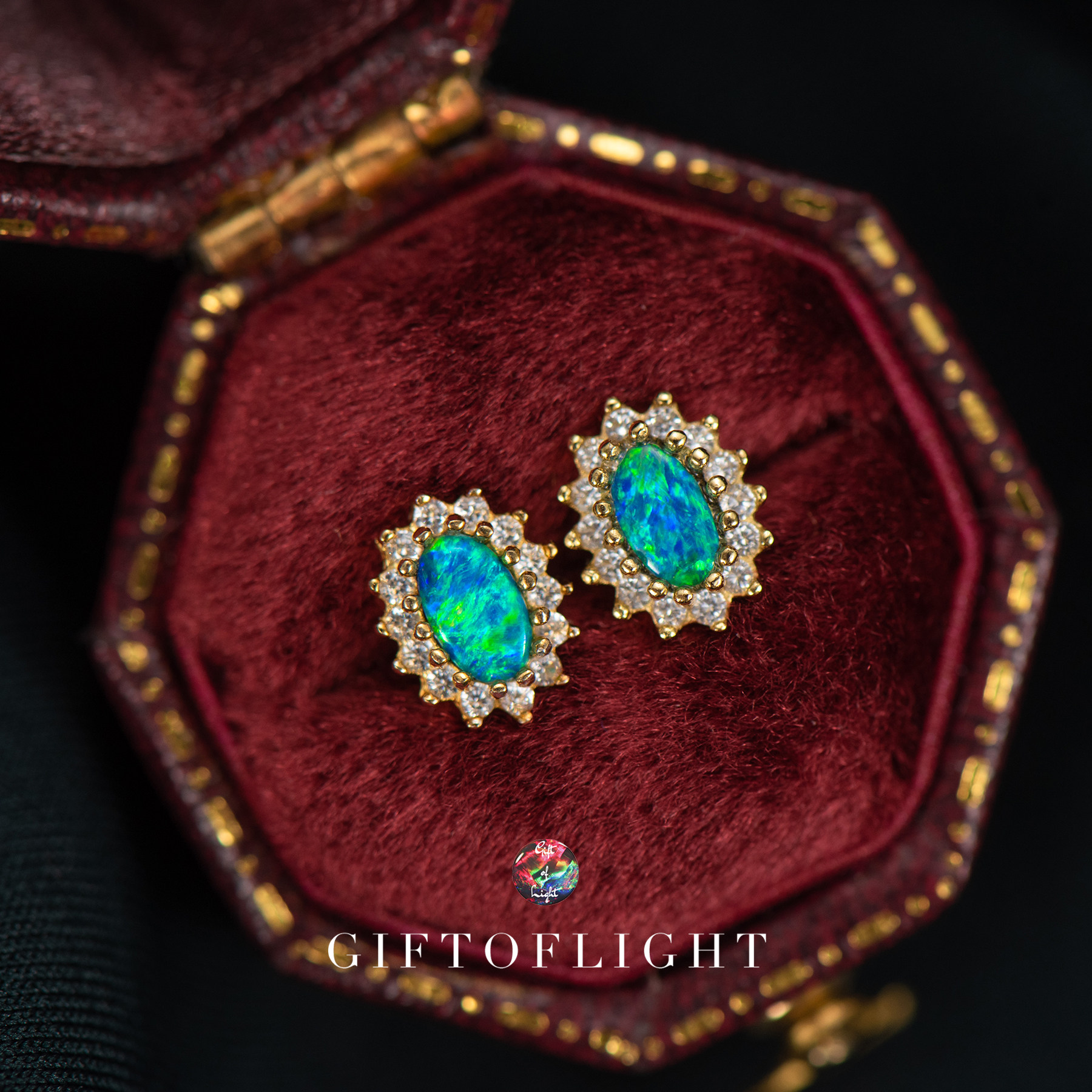 giftoflight澳洲欧泊纯银镀金戴妃镶钻耳钉夏季新款耳饰